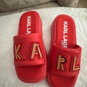 Karl Lagerfeld Orange/Red Slide Sandals with Metallic Text